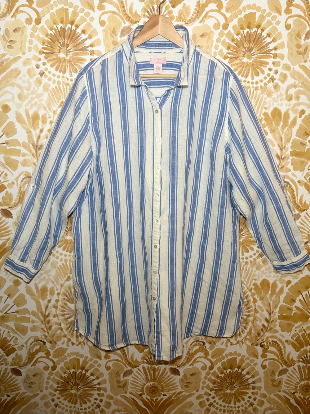 St. Tropez Blue & White Striped Linen Button Down Shirt Coastal Beachy Relaxed - Picture 7 of 8